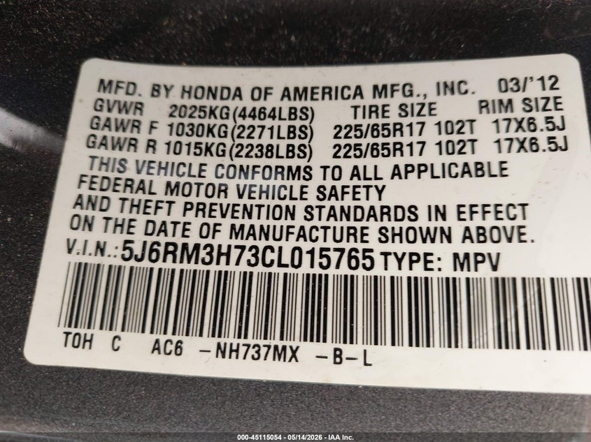2012 Honda Cr-v 2.4 Cr-V Ex-L grey Lot 111045115054 Vin 5J6RM3H73CL015765