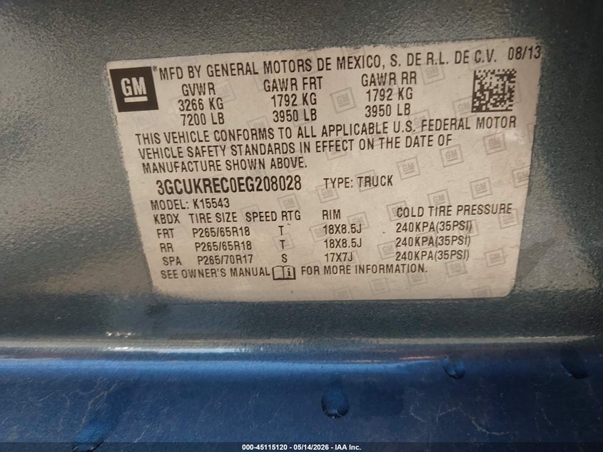 CHEVROLET SILVERADO 1500 2014 VIN 3GCUKREC0EG208028