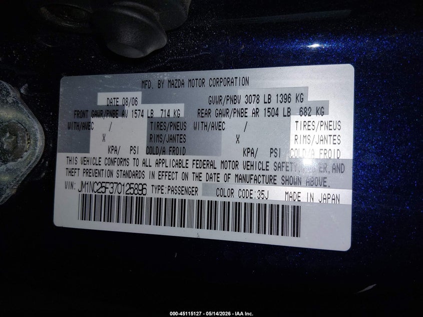 2007 Mazda Mx5 Miata VIN: JM1NC25F370125896 Lot: 45115127