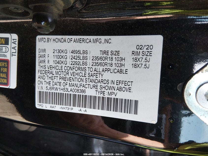 VIN 5J6RW1H53LA008386 2020 HONDA CR-V 2WD EX