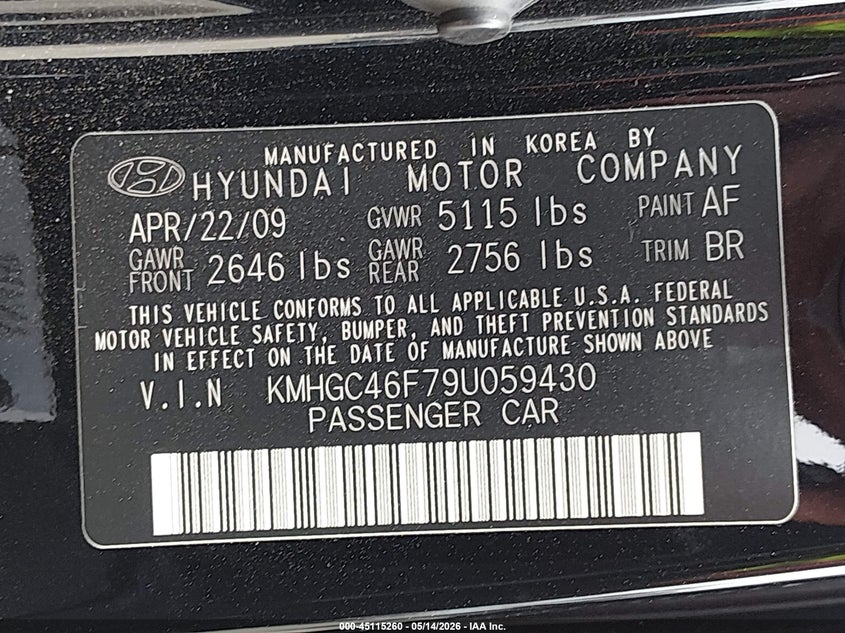 2009 Hyundai Genesis 4.6 VIN: KMHGC46F79U059430 Lot: 45115260