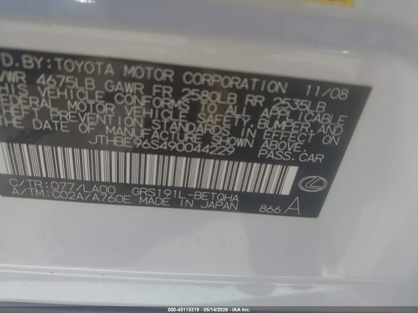2009 Lexus Gs 350 VIN: JTHBE96S490044229 Lot: 45115319
