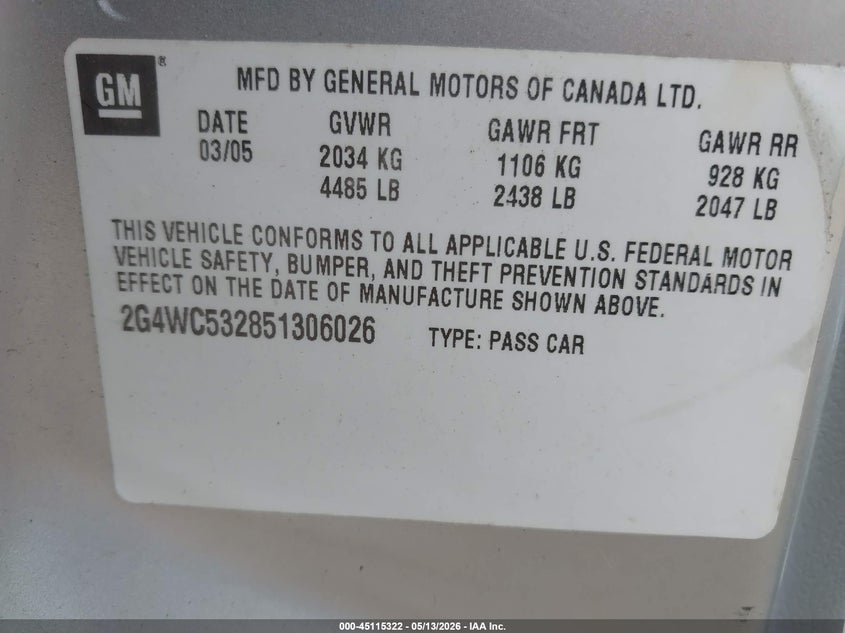 2005 Buick Lacrosse Cx VIN: 2G4WC532851306026 Lot: 45115322