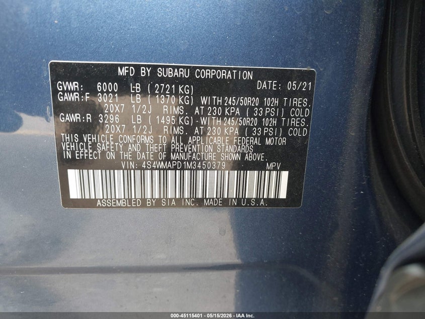 2021 Subaru Ascent Limited VIN: 4S4WMAPD1M3450379 Lot: 45115401