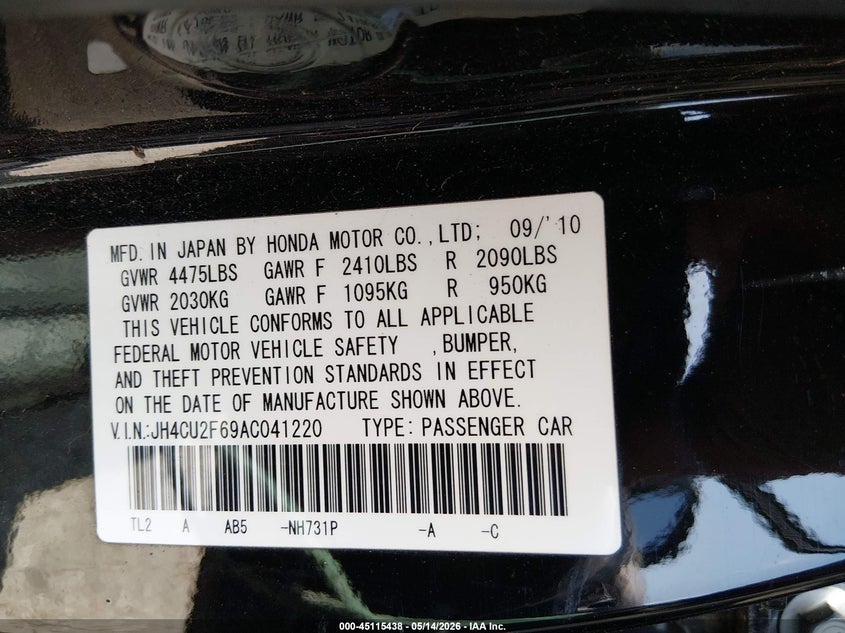 2010 Acura Tsx 2.4 VIN: JH4CU2F69AC041220 Lot: 45115438