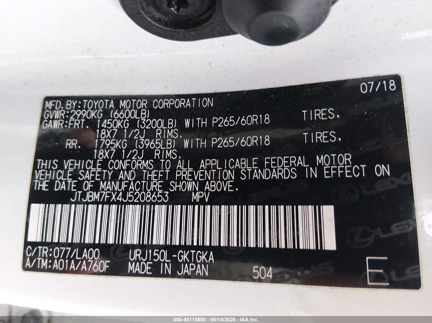 2018 Lexus Gx 460 VIN: JTJBM7FX4J5208653 Lot: 45115680