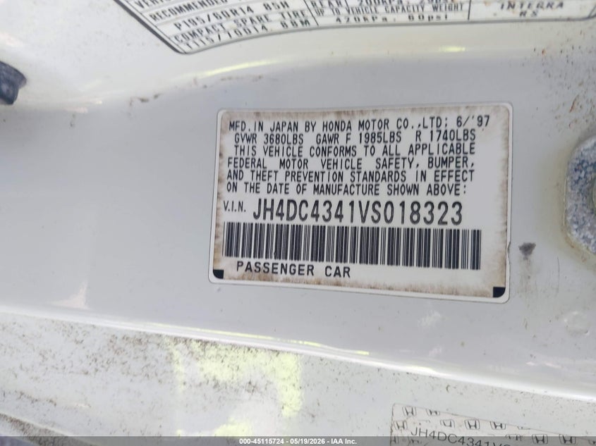 1997 Acura Integra Gs/Rs VIN: JH4DC4341VS018323 Lot: 45115724