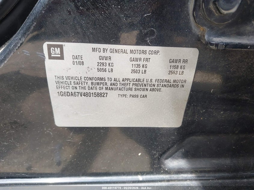 2008 Cadillac Sts V6 VIN: 1G6DA67V480158827 Lot: 45115778