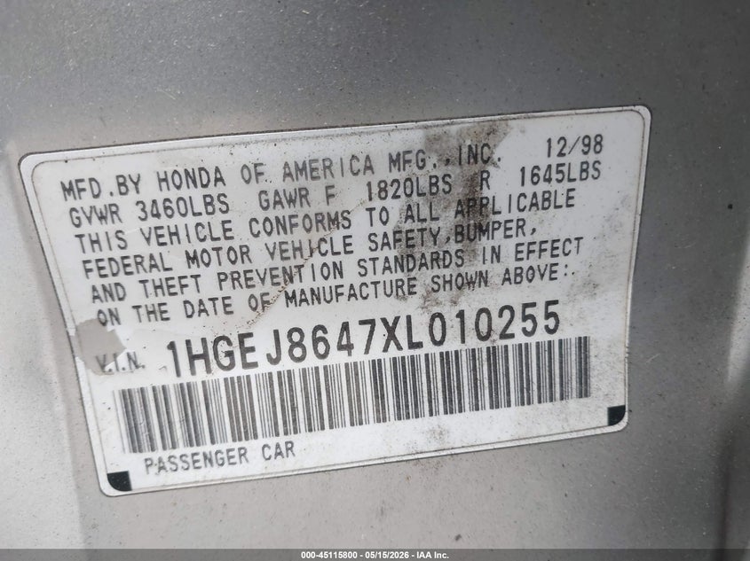 1999 Honda Civic Ex VIN: 1HGEJ8647XL010255 Lot: 45115800