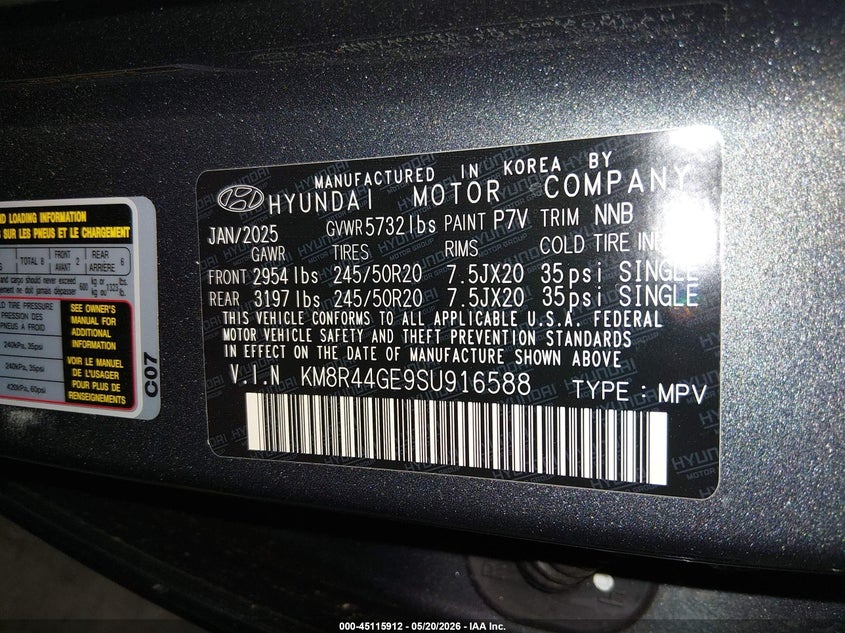 2025 Hyundai Palisade Sel Premium 8P VIN: KM8R44GE9SU916588 Lot: 45115912