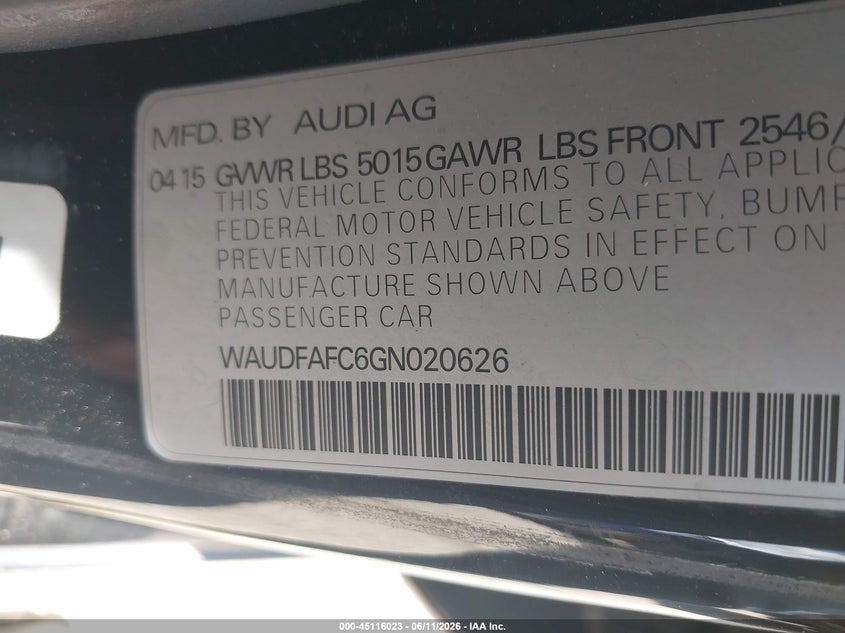 2016 Audi A6 2.0T Premium Plus VIN: WAUDFAFC6GN020626 Lot: 45116023