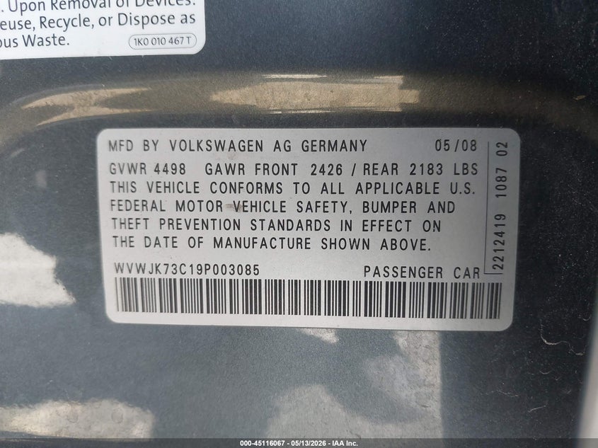 2009 Volkswagen Passat Komfort VIN: WVWJK73C19P003085 Lot: 45116067