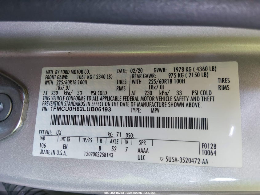 VIN 1FMCU0H62LUB06193 2020 FORD ESCAPE SEL