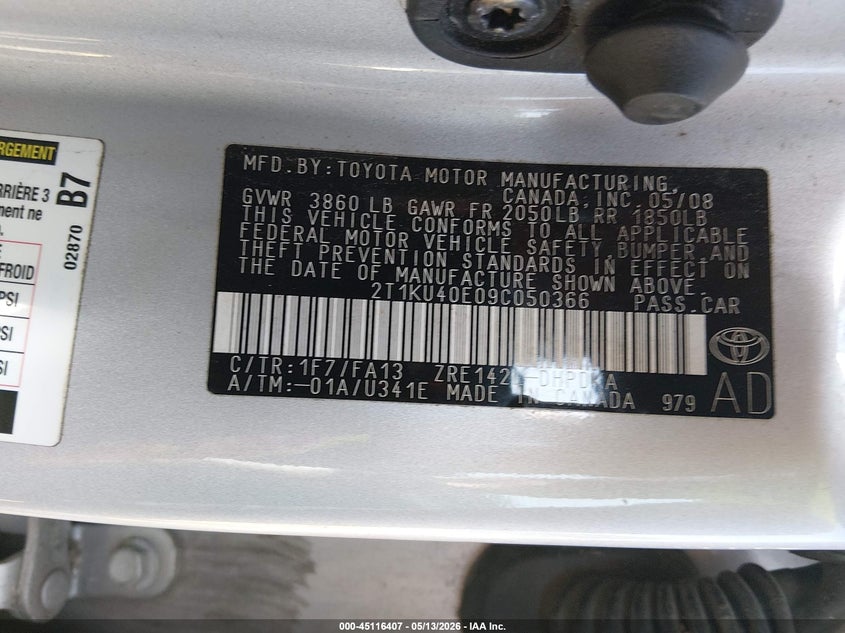 2009 Toyota Matrix VIN: 2T1KU40E09C050366 Lot: 45116407