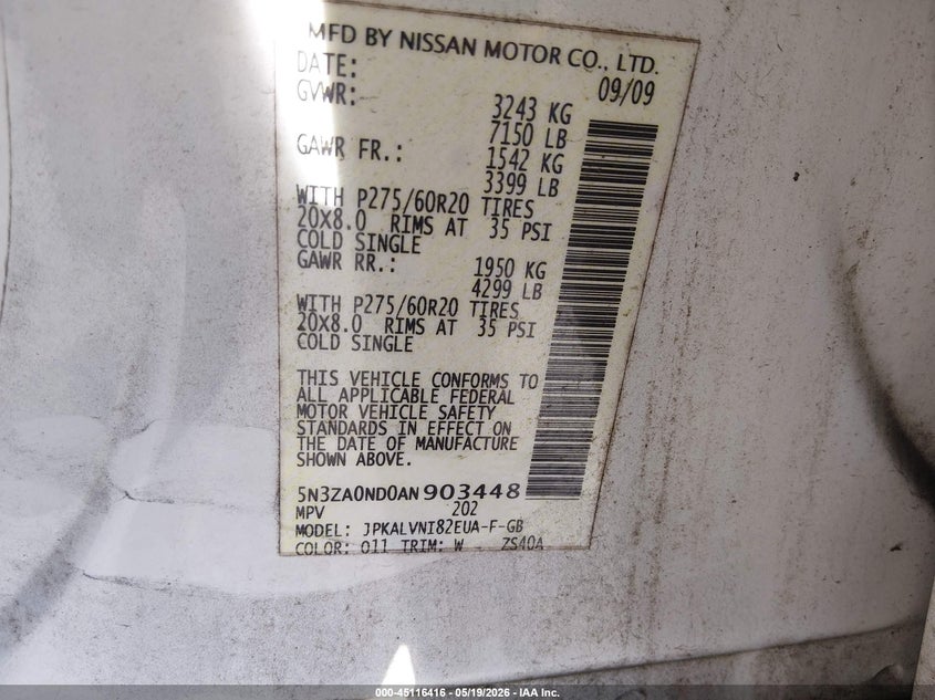 2010 Infiniti Qx56 VIN: 5N3ZA0ND0AN903448 Lot: 45116416