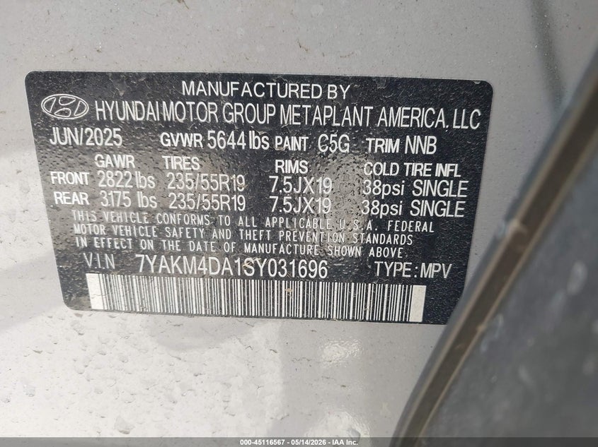 2025 Hyundai Ioniq 5 Se VIN: 7YAKM4DA1SY031696 Lot: 45116567