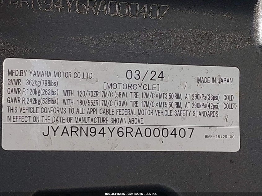 2024 Yamaha Mt09 C VIN: JYARN94Y6RA000407 Lot: 45116585