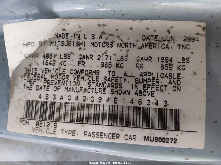 2004 Dodge Stratus Sxt VIN: 4B3AG42G94E146343 Lot: 45116664