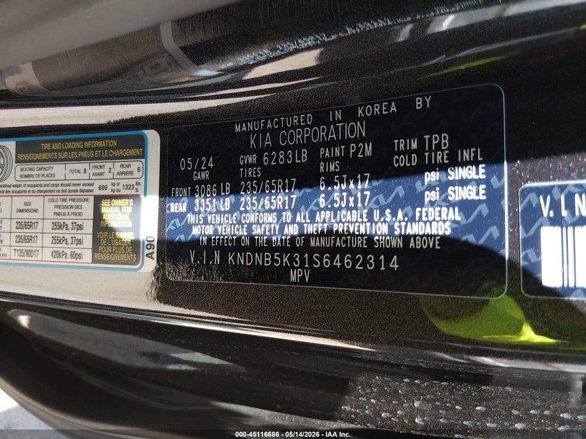 2025 Kia Carnival Mpv Lxs VIN: KNDNB5K31S6462314 Lot: 45116686