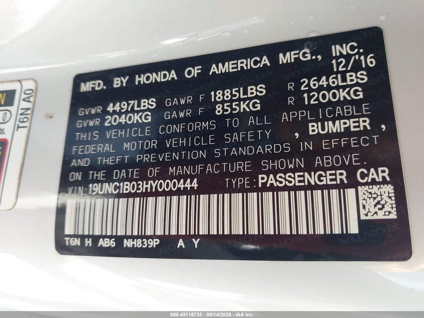 2017 Acura Nsx VIN: 19UNC1B03HY000444 Lot: 45116732
