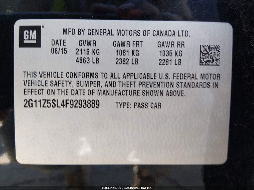 2015 CHEVROLET IMPALA SEDAN 2.5L I-4 DI, DOHC, VVT, 195HP