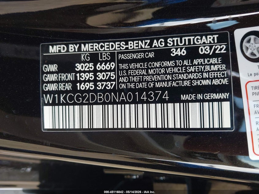 2022 Mercedes-Benz Eqs 450+ VIN: W1KCG2DBONA014374 Lot: 45116842