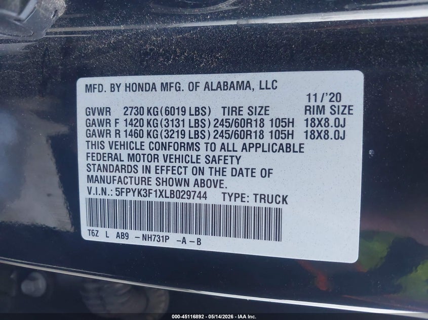 VIN 5FPYK3F1XLB029744 2020 HONDA RIDGELINE AWD SPORT