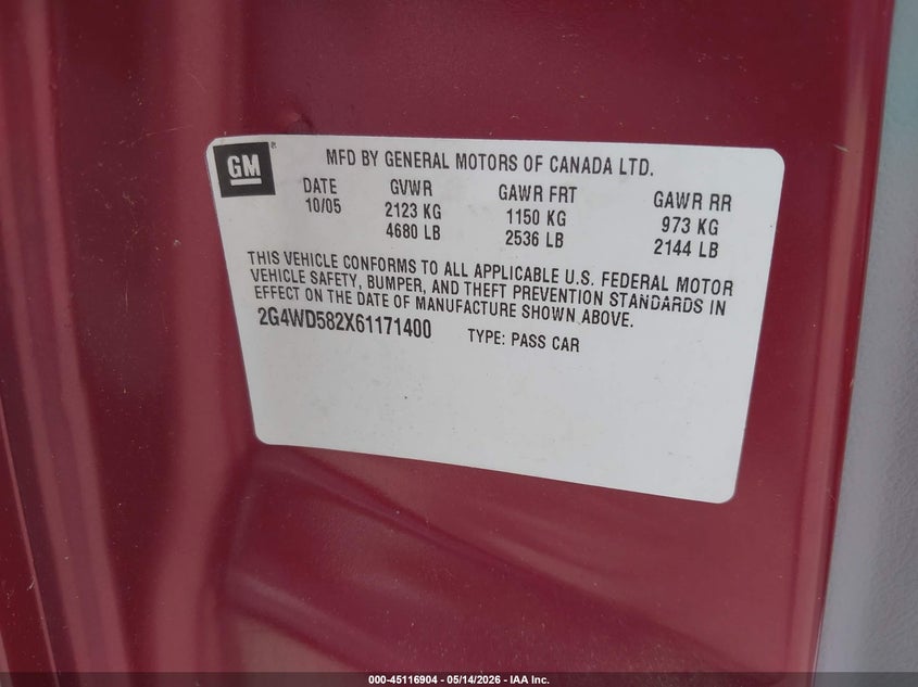 2006 Buick Lacrosse Cxl VIN: 2G4WD582X61171400 Lot: 45116904