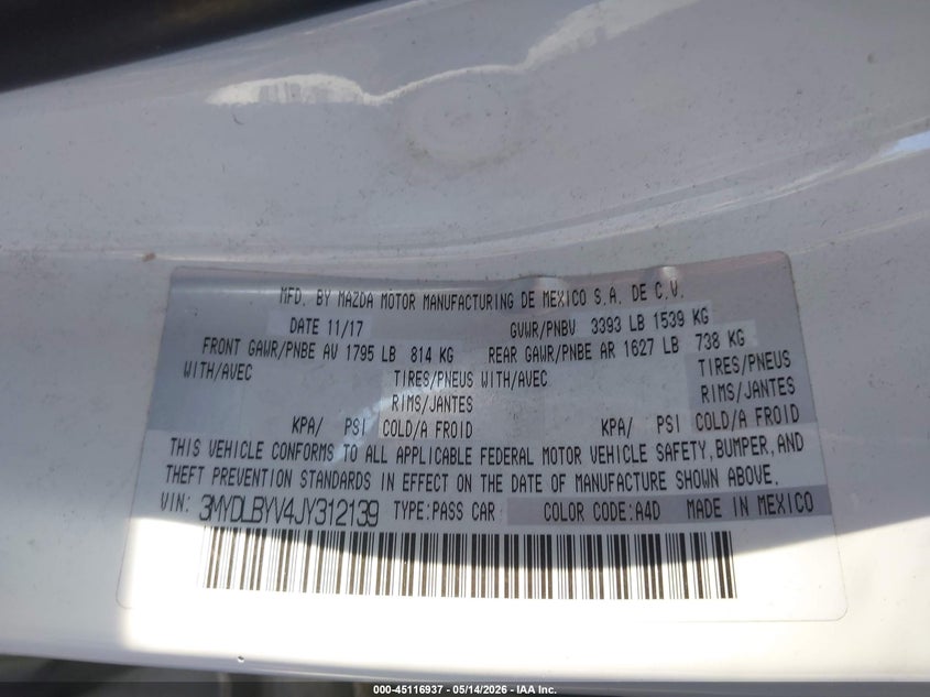 VIN 3MYDLBYV4JY312139 2018 TOYOTA YARIS IA