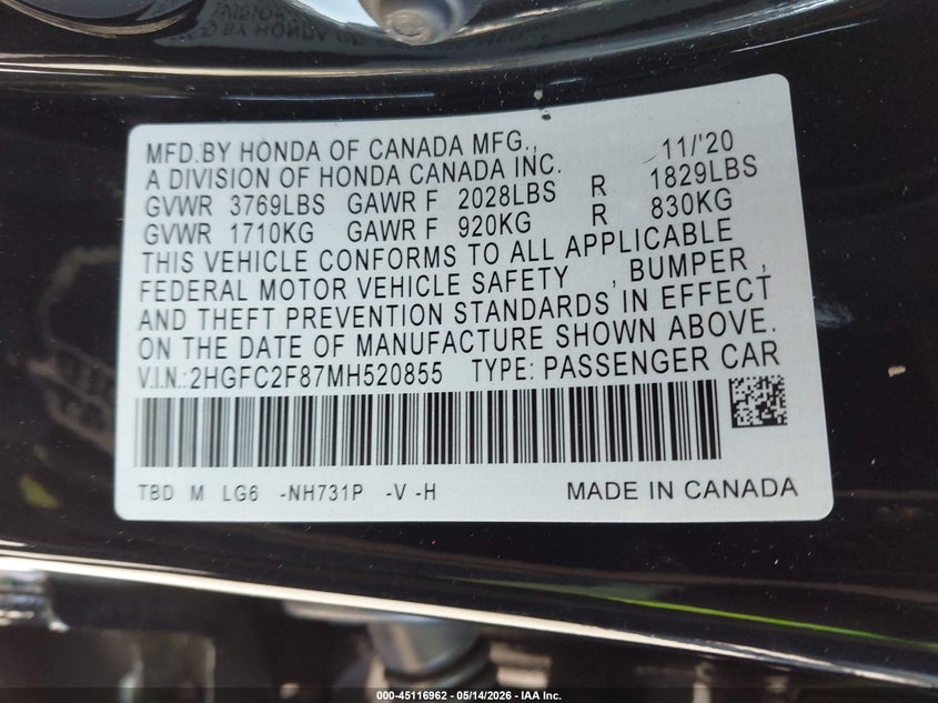 VIN 2HGFC2F87MH520855 2021 HONDA CIVIC SPORT