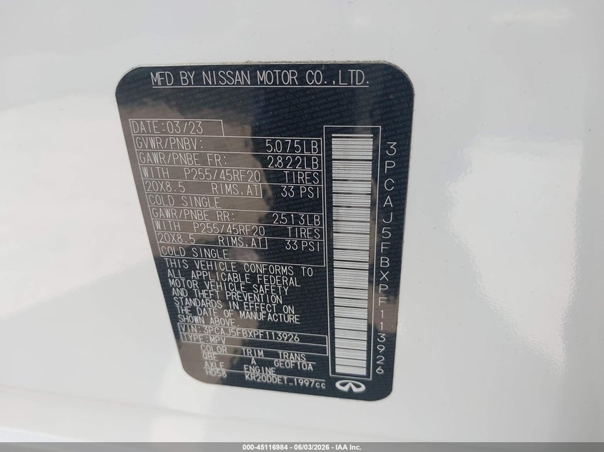 VIN 3PCAJ5FBXPF113926 2023 INFINITI QX50 SPORT AWD