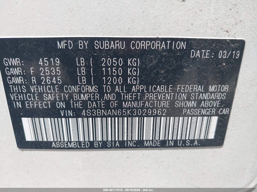 2019 SUBARU LEGACY SEDAN 2.5L H-4 DOHC, VVT, 175HP