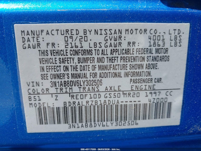 2020 Nissan Sentra Sr Xtronic Cvt VIN: 3N1AB8DV6LY302506 Lot: 45117059