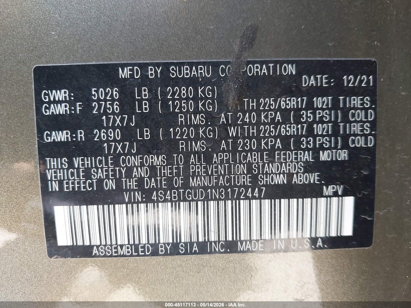 2022 Subaru Outback Wilderness VIN: 4S4BTGUD1N3172447 Lot: 45117113