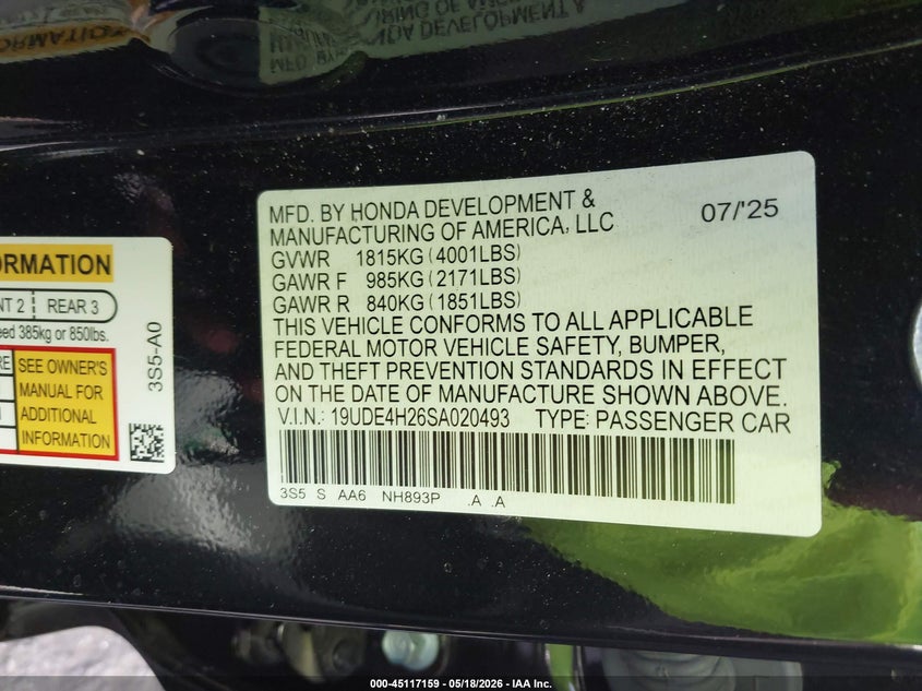 2025 Acura Integra VIN: 19UDE4H26SA020493 Lot: 45117159