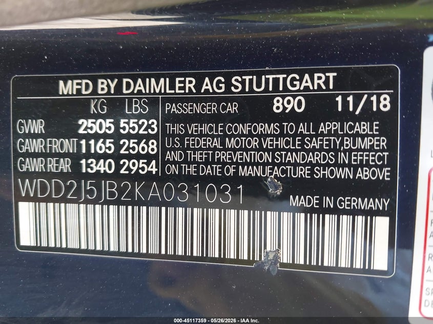 2019 Mercedes-Benz Cls 450 VIN: WDD2J5JB2KA031031 Lot: 45117359