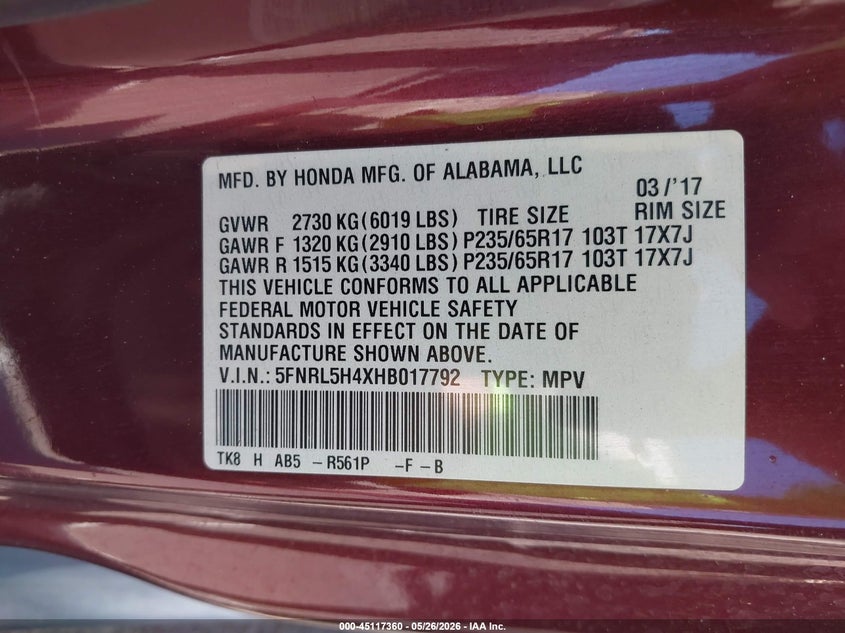 VIN 5FNRL5H4XHB017792 2017 HONDA ODYSSEY EX