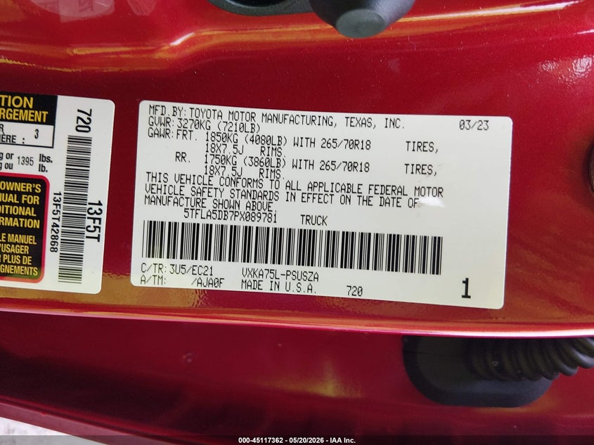 2023 TOYOTA TUNDRA 3.4L V-6 DI, DOHC, V(VIN: 5TFLA5DB7PX089781