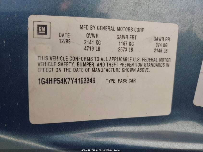 2000 Buick Lesabre Custom VIN: 1G4HP54K7Y4193349 Lot: 45117499