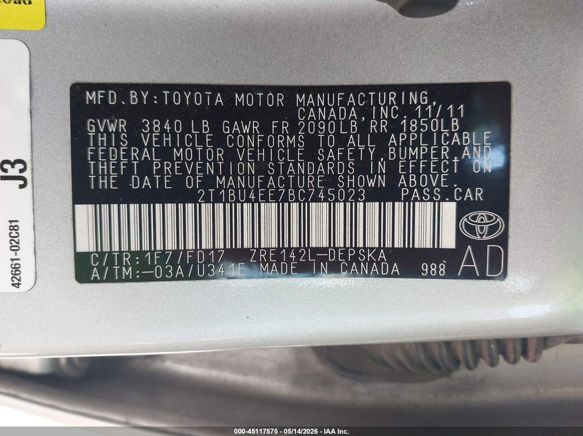 2011 Toyota Corolla 1.8 S silver Lot 111045117575 Vin 2T1BU4EE7BC745023