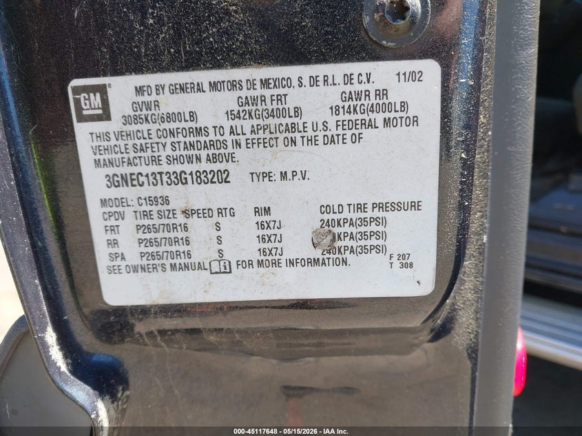 2003 Chevrolet Avalanche 1500 VIN: 3GNEC13T33G183202 Lot: 45117648