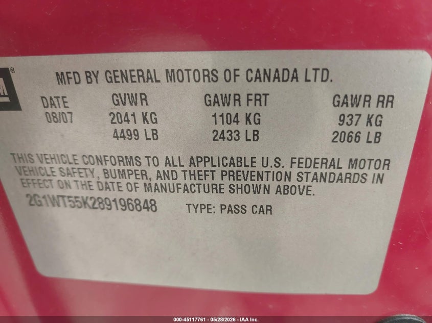 2008 Chevrolet Impala Lt VIN: 2G1WT55K289196848 Lot: 45117761
