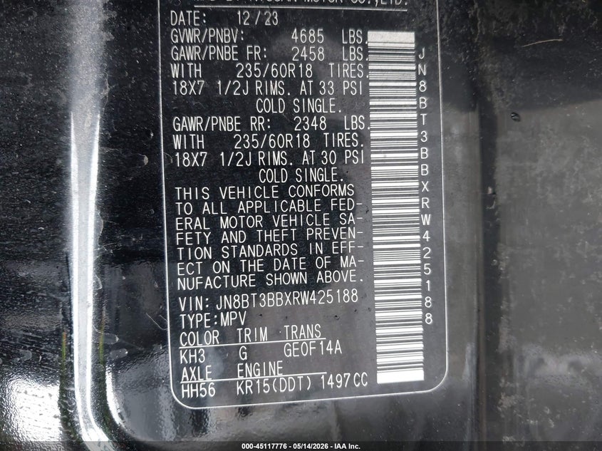 2024 NISSAN ROGUE 1.5L I-3 DI, DOHC, V(VIN: JN8BT3BBXRW425188