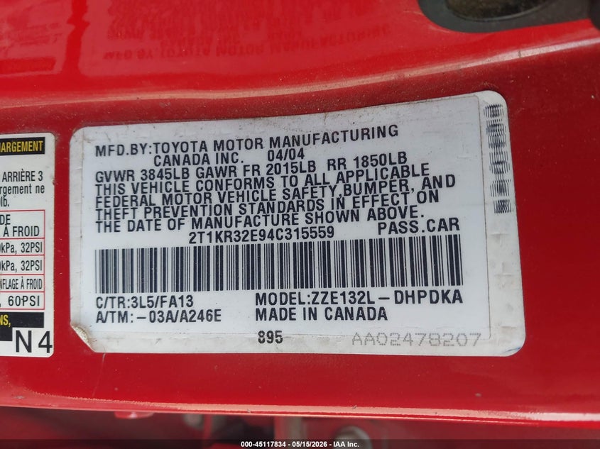2004 Toyota Matrix Standard VIN: 2T1KR32E94C315559 Lot: 45117834