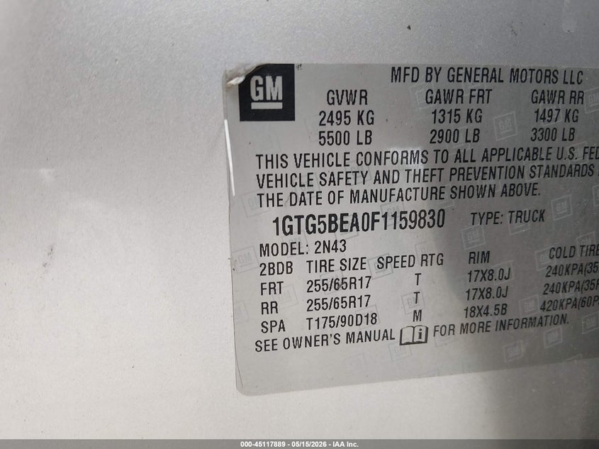 2015 GMC Canyon Sle VIN: 1GTG5BEA0F1159830 Lot: 45117889