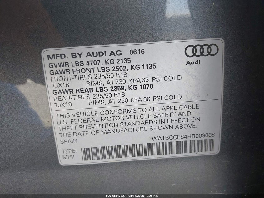 2017 Audi Q3 2.0T Premium VIN: WA1BCCFS4HR003088 Lot: 45117927
