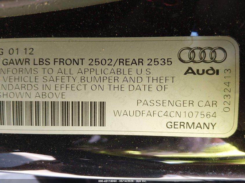 2012 Audi A6 2.0T Premium VIN: WAUDFAFC4CN107564 Lot: 45118060