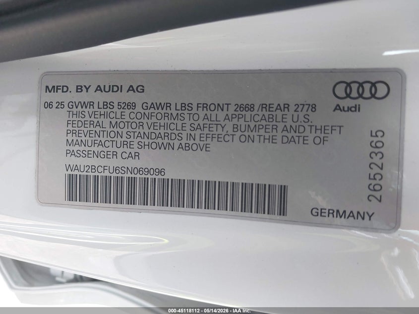 2025 Audi All-New A5 Premium Plus Tfsi Quattro S Tronic VIN: WAU2BCFU6SN069096 Lot: 45118112