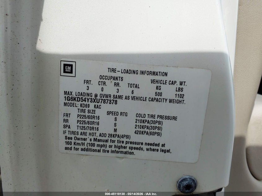 1999 Cadillac Deville Standard VIN: 1G6KD54Y3XU787378 Lot: 45118138