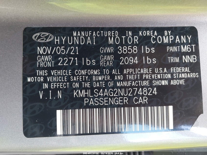 2022 HYUNDAI ELANTRA 2.0L I-4 DOHC, VVT, (VIN: KMHLS4AG2NU274824
